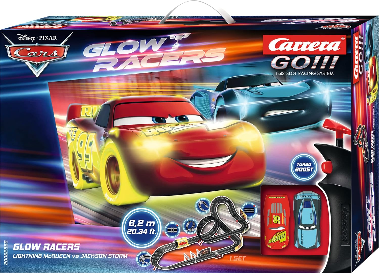 Carrera GO!!! Disney Cars Glow Racers Slot Car Set – 6.2m Track with Loop & Light Effects