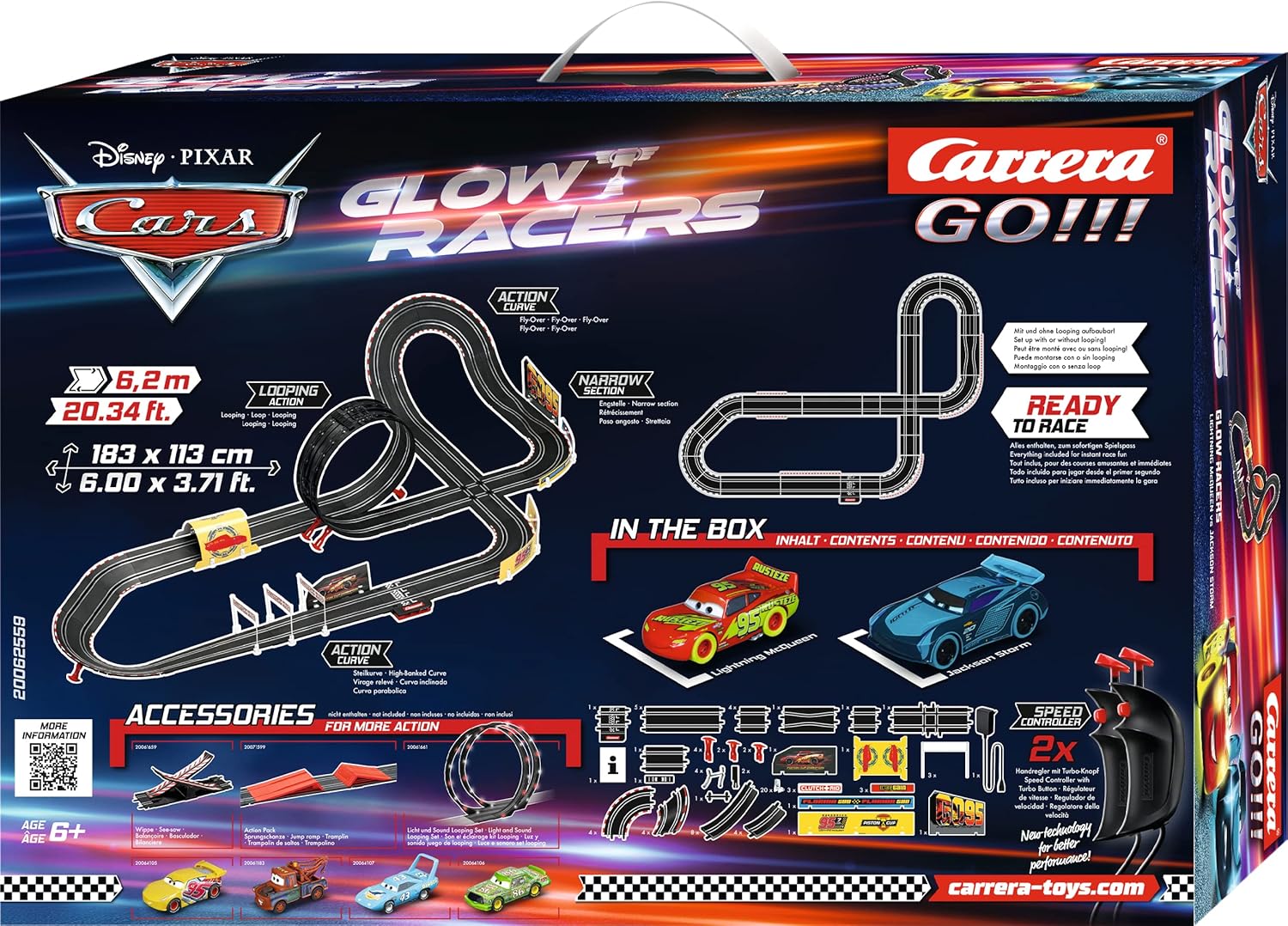 Carrera GO!!! Disney Cars Glow Racers Slot Car Set – 6.2m Track with Loop & Light Effects