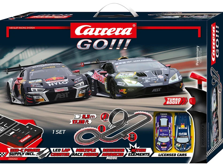 Carrera GO!!! GT Pro Racers Lamborghini Huracán vs Audi R8 LMS 5.3m Slot Car Racing Set