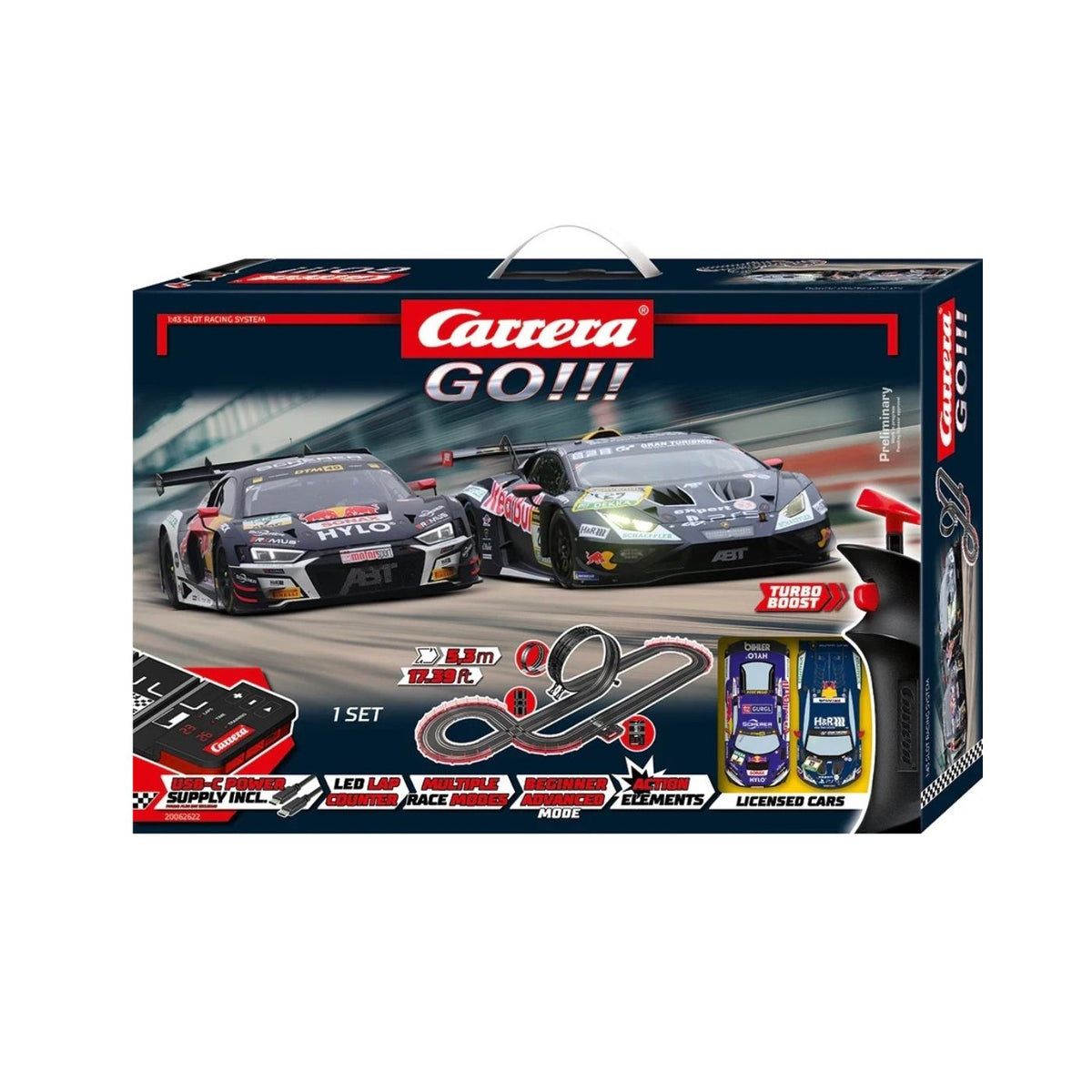 Carrera GO!!! GT Pro Racers Lamborghini Huracán vs Audi R8 LMS 5.3m Slot Car Racing Set