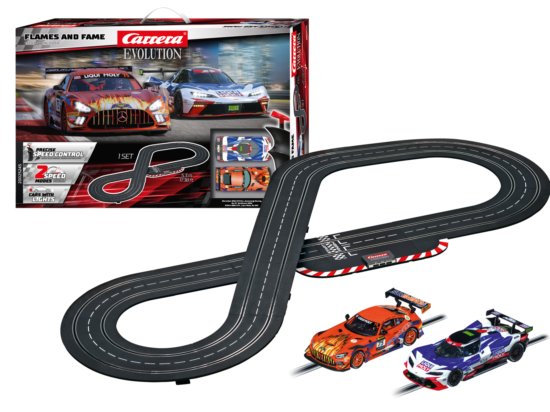 Carrera Evolution Fame and Flames Slot Car Set – 1:32 Scale with Mercedes-AMG GT3 & KTM X-BOW