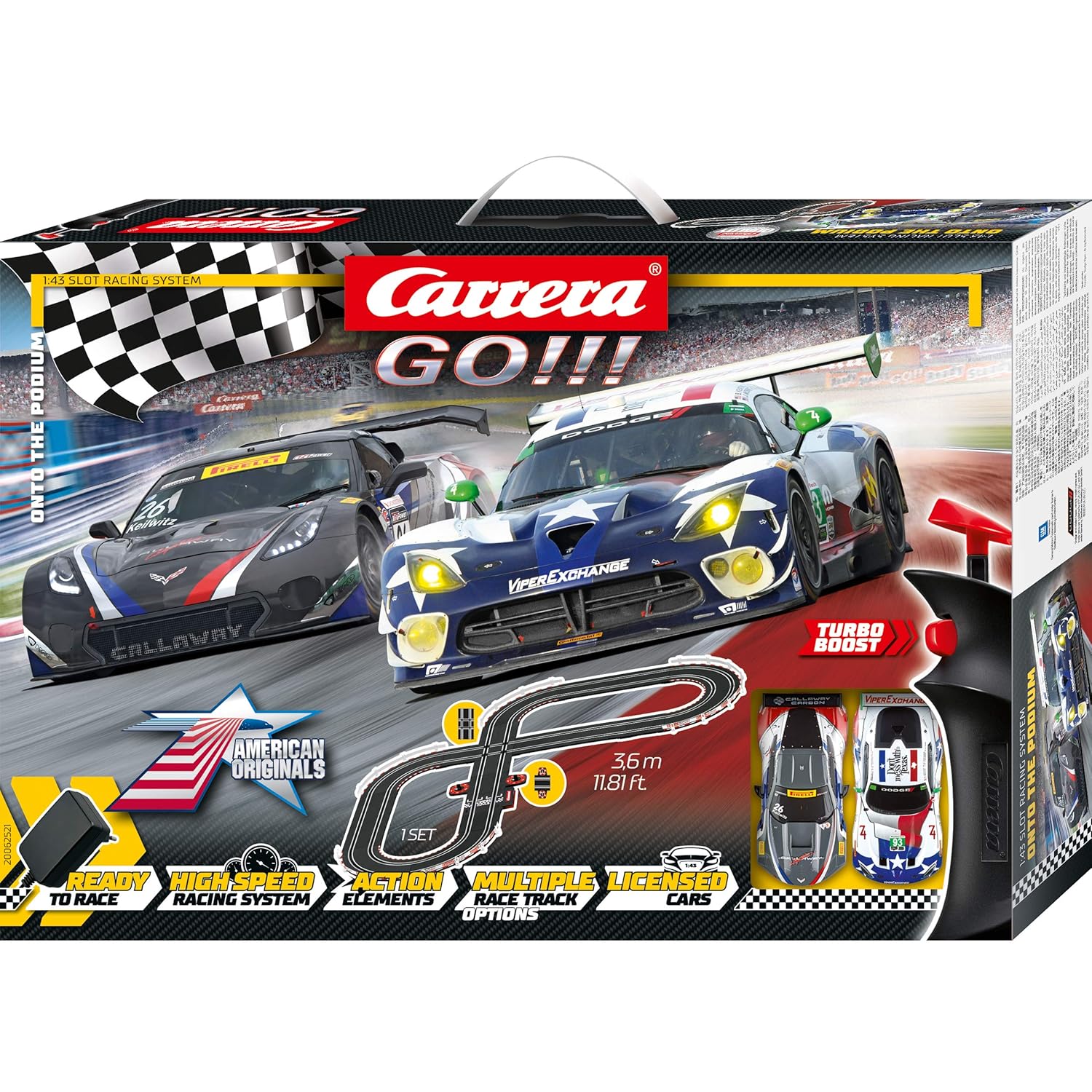 Carrera GO!!! 62521 Onto The Podium 1:43 Slot Car Racing Set – Viper & Corvette with Controllers