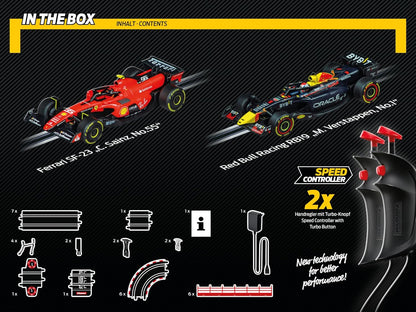 Carrera GO!!! 62572 Flying Lap Slot Car Set – 1:43 Scale Formula 1 Racing with Ferrari SF-23 & Red Bull RB19