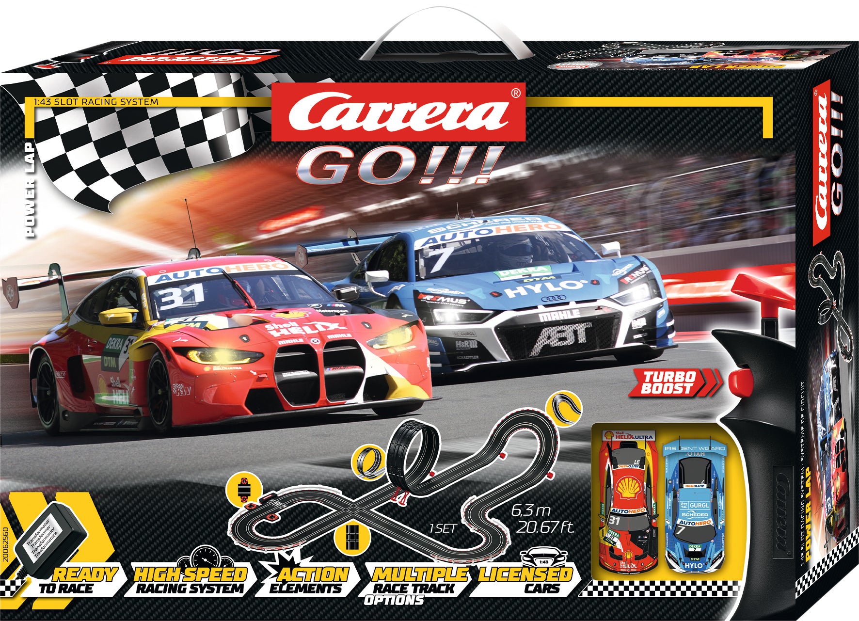 Carrera GO!!! DTM Power Lap Slot Car Racing Set – 1:43 Scale with BMW M4 GT3 & Audi R8 LMS