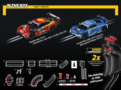 Carrera GO!!! DTM Power Lap Slot Car Racing Set – 1:43 Scale with BMW M4 GT3 & Audi R8 LMS
