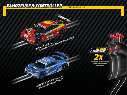 Carrera GO!!! DTM Power Lap Slot Car Racing Set – 1:43 Scale with BMW M4 GT3 & Audi R8 LMS
