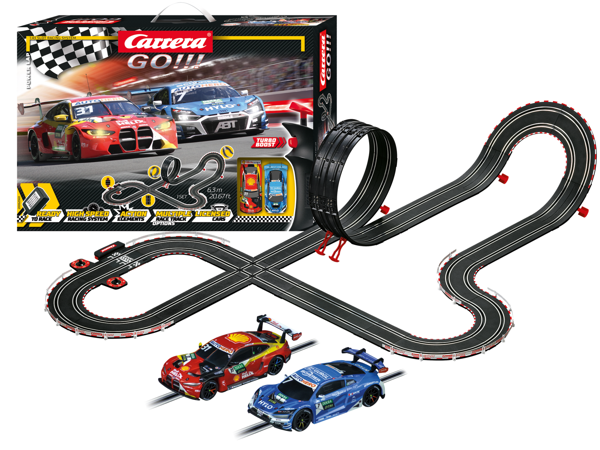 Carrera GO!!! DTM Power Lap Slot Car Racing Set – 1:43 Scale with BMW M4 GT3 & Audi R8 LMS