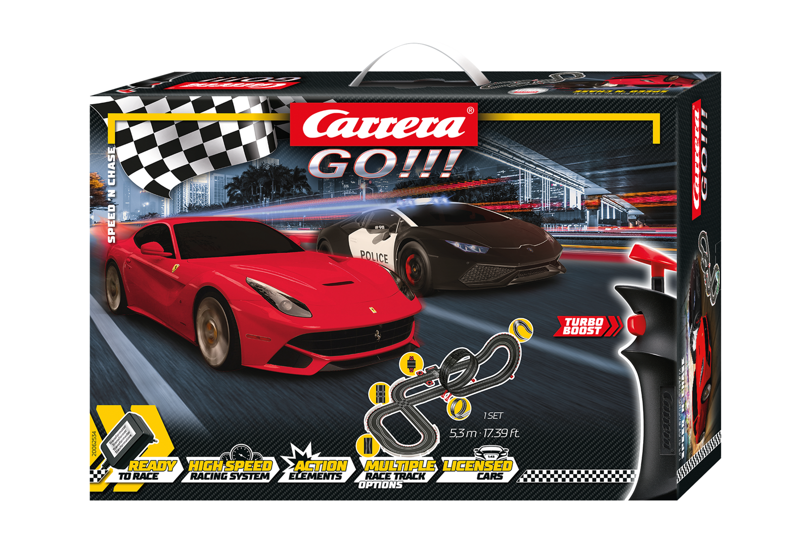 Carrera GO!!! Speed 'n' Chase Slot Car Set – 1:43 Scale Ferrari F12 vs Lamborghini Huracán Police Chase