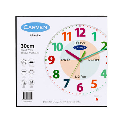 Carven Educational Wall Clock 300mm – 12-Hour Silent Learning Clock for Kids