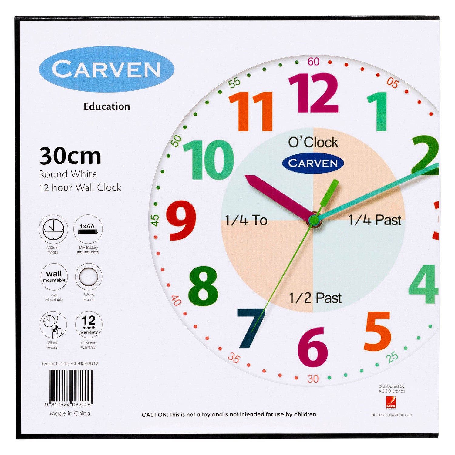 Carven Educational Wall Clock 300mm – 12-Hour Silent Learning Clock for Kids
