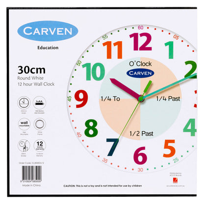 Carven Educational Wall Clock 300mm – 12-Hour Silent Learning Clock for Kids