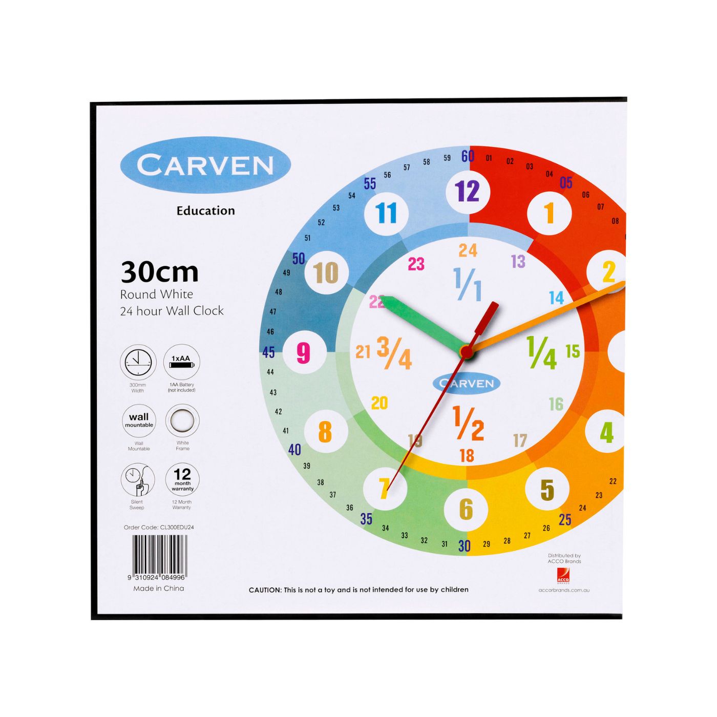 Carven Educational Wall Clock 300mm – 24-Hour Silent Learning Clock for Kids
