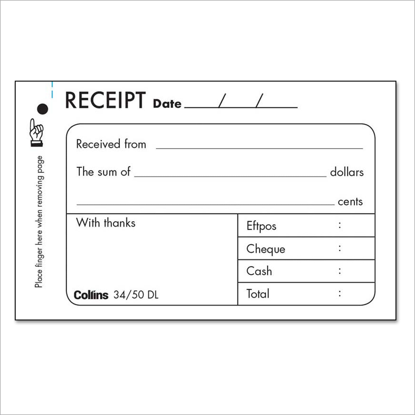 Collins Cash Receipt 34/50DL Carbon Required 50 Duplicate Receipts