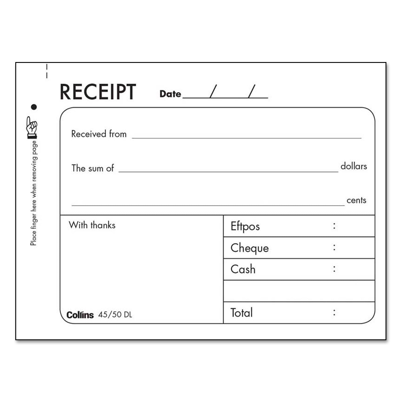 Collins Cash Receipt 45/50DL No Carbon Required 50 Duplicate Receipts