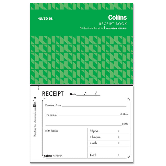 Collins Cash Receipt 45/50DL No Carbon Required 50 Duplicate Receipts