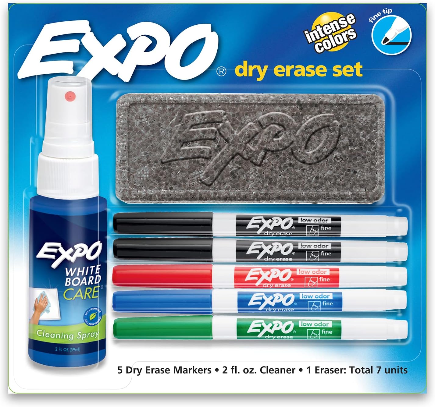 Expo Whiteboard Marker Kit of 5 Markers with Eraser and Cleaner Fine Bullet Tip