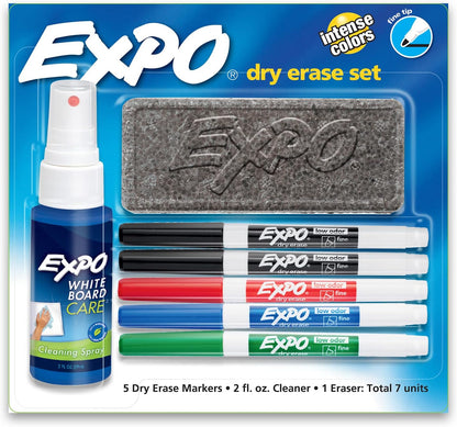 Expo Whiteboard Marker Kit of 5 Markers with Eraser and Cleaner Fine Bullet Tip