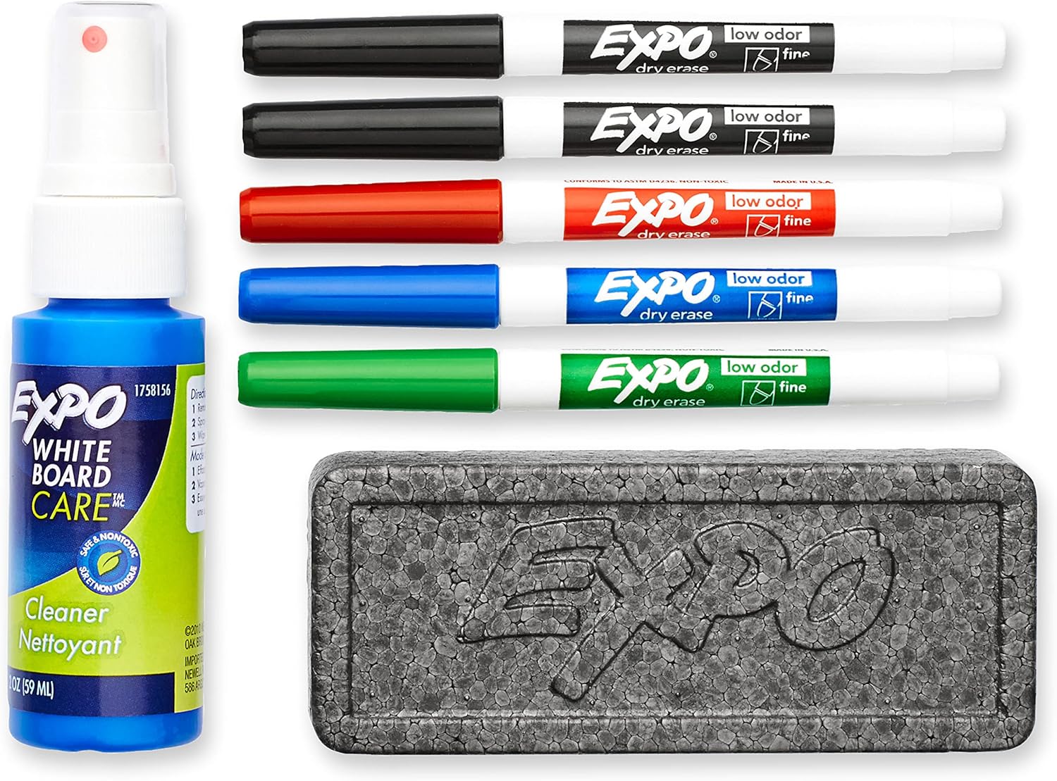 Expo Whiteboard Marker Kit of 5 Markers with Eraser and Cleaner Fine Bullet Tip