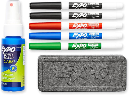 Expo Whiteboard Marker Kit of 5 Markers with Eraser and Cleaner Fine Bullet Tip