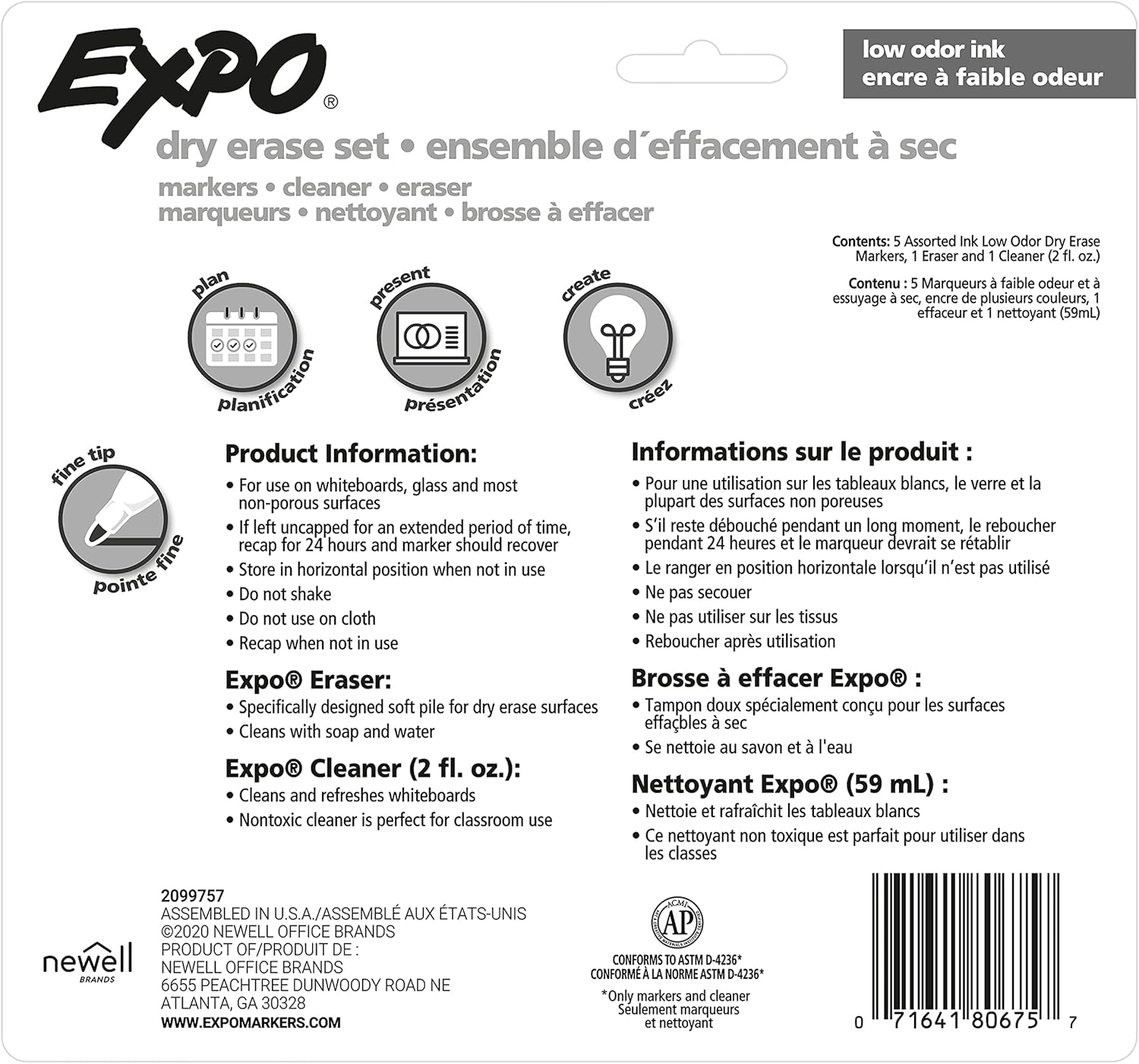 Expo Whiteboard Marker Kit of 5 Markers with Eraser and Cleaner Fine Bullet Tip