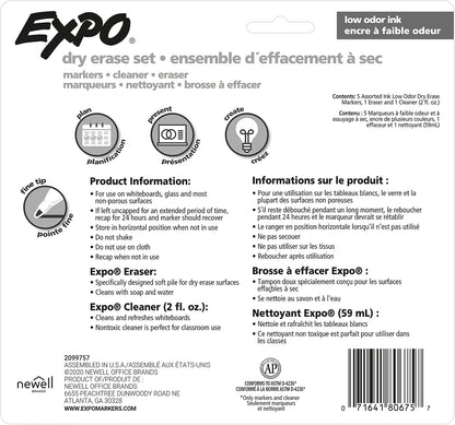 Expo Whiteboard Marker Kit of 5 Markers with Eraser and Cleaner Fine Bullet Tip