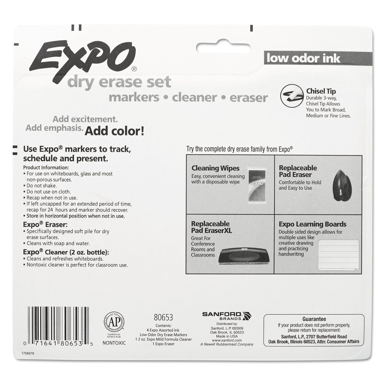 Expo Whiteboard Marker Set 4 with Eraser and Cleaner Chisel Tip