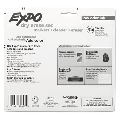 Expo Whiteboard Marker Set 4 with Eraser and Cleaner Chisel Tip
