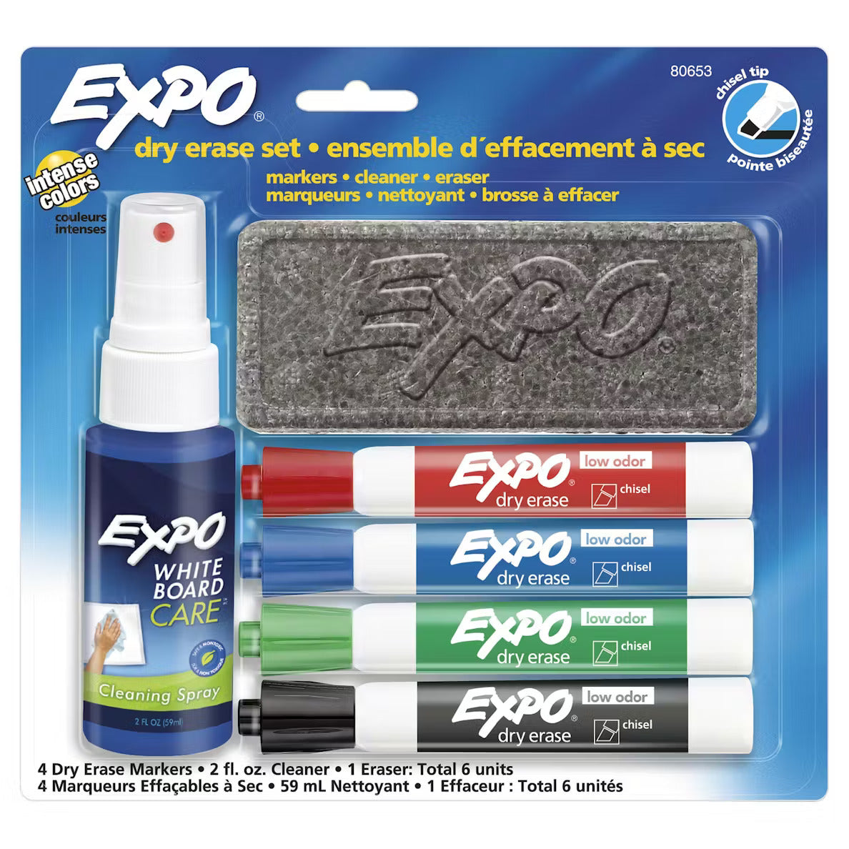 Expo Whiteboard Marker Kit of 4 Markers with Eraser and Cleaner Chisel Tip
