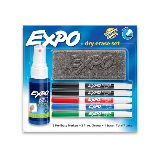 Expo Whiteboard Marker Kit of 5 Markers with Eraser and Cleaner Fine Bullet Tip