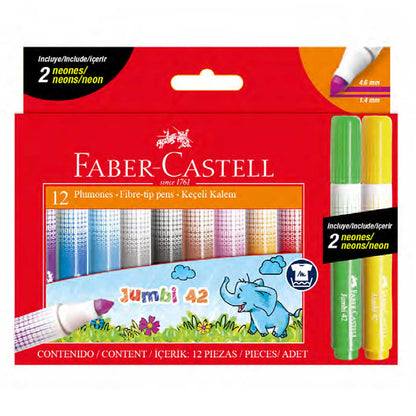 Faber-Castell Jumbo Fibre Tip Felt Marker Pens with 2 x Neon Colours Pack of 12