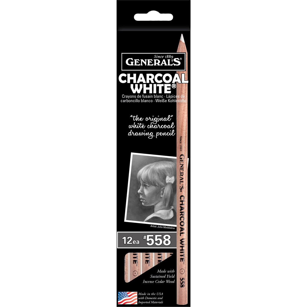 General’s Charcoal Pencil White #558 Handcrafted Box of 12