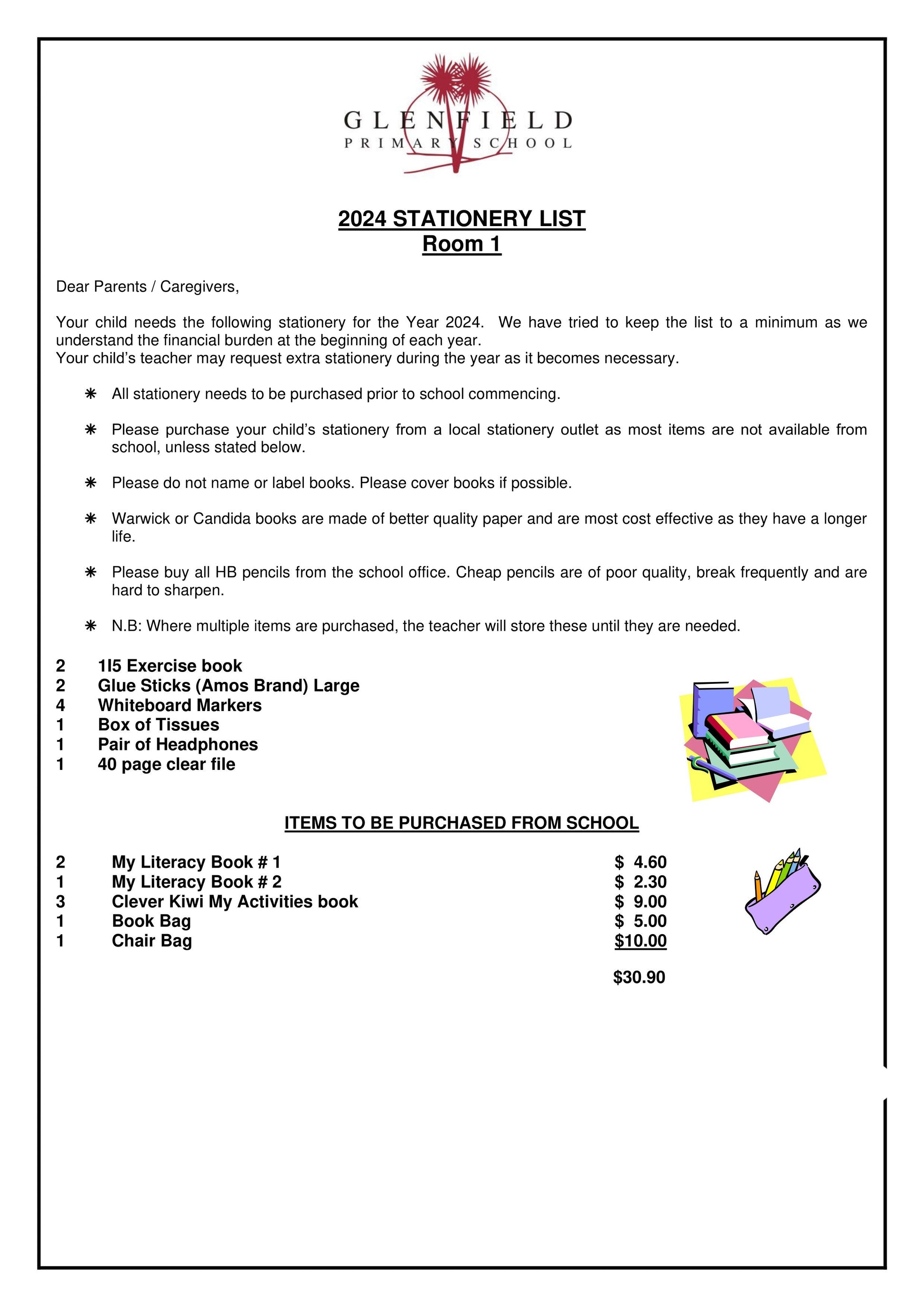 Glenfield Primary School Stationery List 2024 Room 1