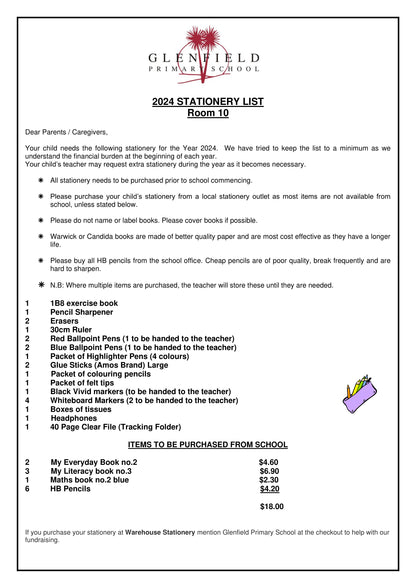 Glenfield Primary School Stationery List 2024 Room 10