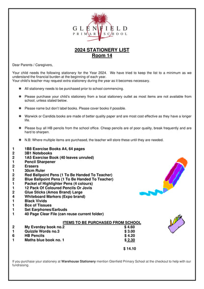 Glenfield Primary School Stationery List 2024 Room 14