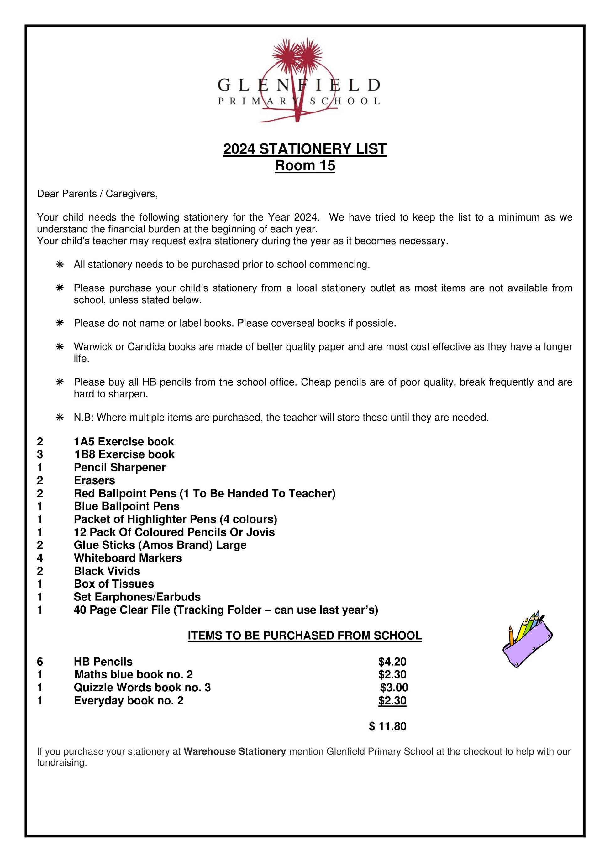 Glenfield Primary School Stationery List 2024 Room 15