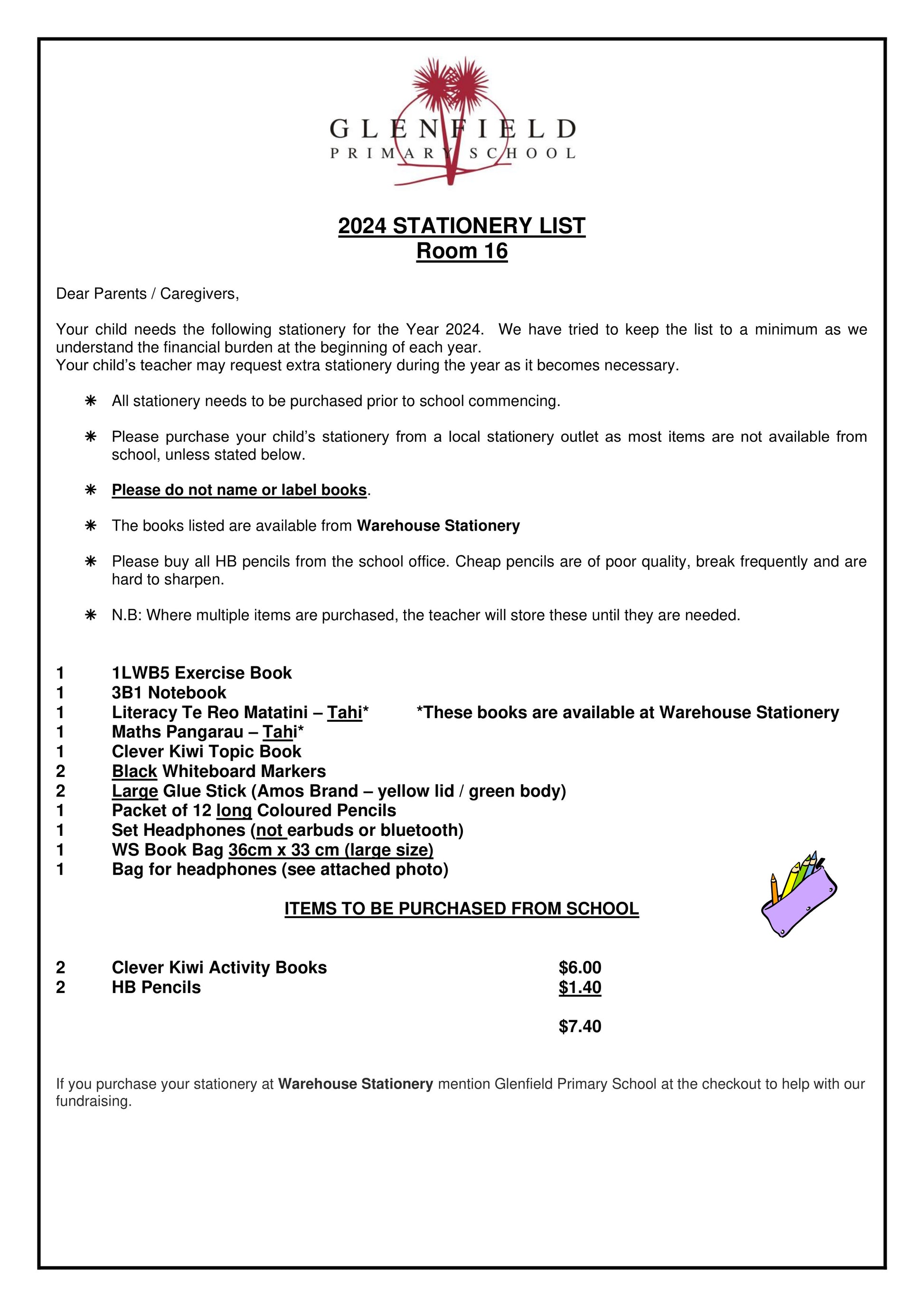 Glenfield Primary School Stationery List 2024 Room 16