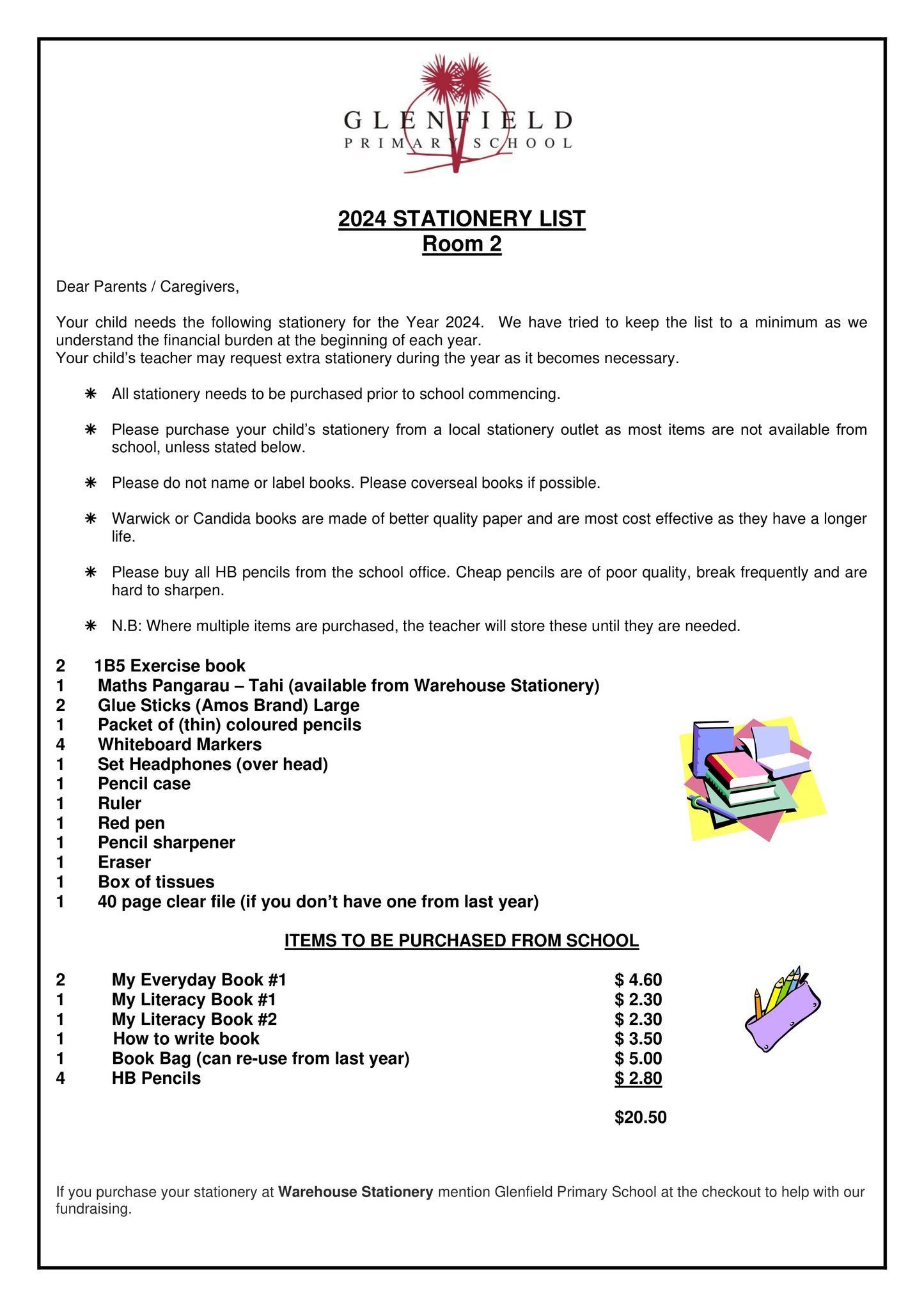 Glenfield Primary Complete Stationery List 2024 Room 2