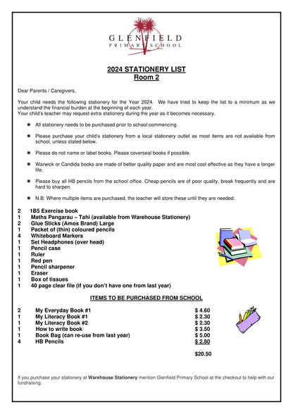 Glenfield Primary Complete Stationery List 2024 Room 2
