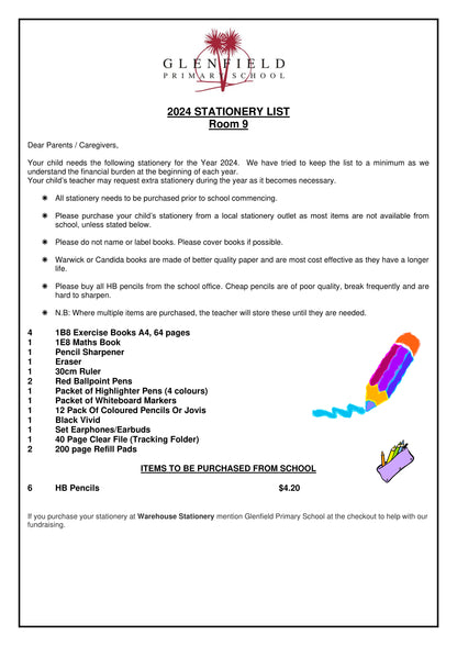 Glenfield Primary School Stationery List 2024 Room 9