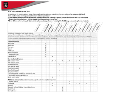Glenfield College 2025 Stationery List Year 10