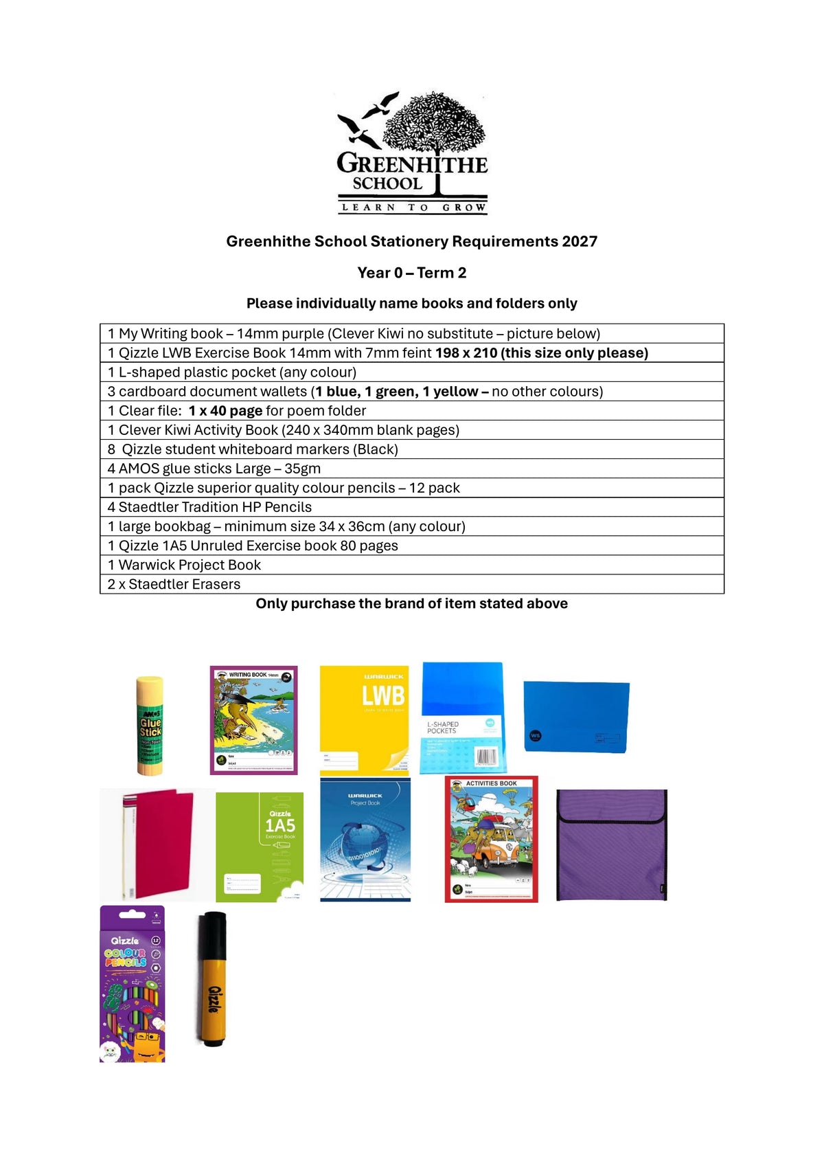 Greenhithe School Stationery List 2027 - Year 0 Term 2