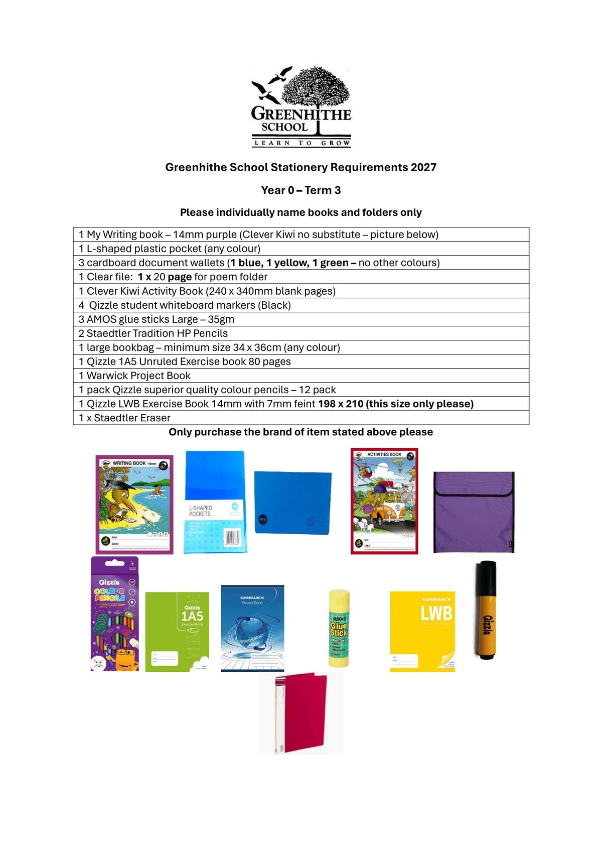 Greenhithe School Stationery List 2027 - Year 0 Term 3
