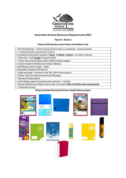 Greenhithe School Stationery List 2027 - Year 0 Term 3