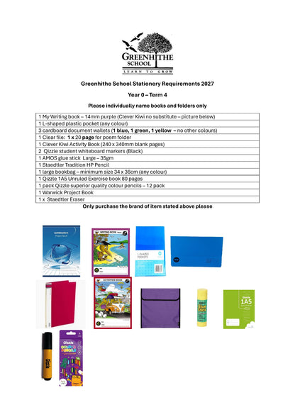 Greenhithe School Stationery List 2027 - Year 0 Term 4