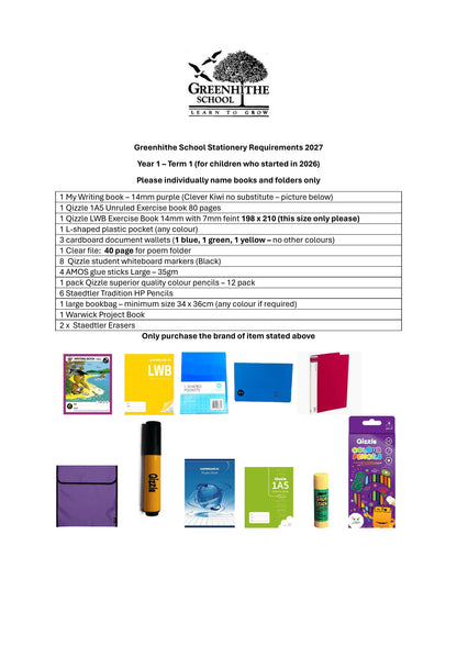Greenhithe School Stationery Pack 2027 - Year 1 for Students Started 2026