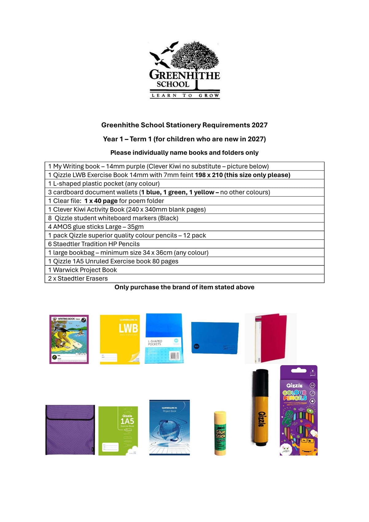 Greenhithe School Stationery List 2027 - Year 1 for Students Starting in 2027