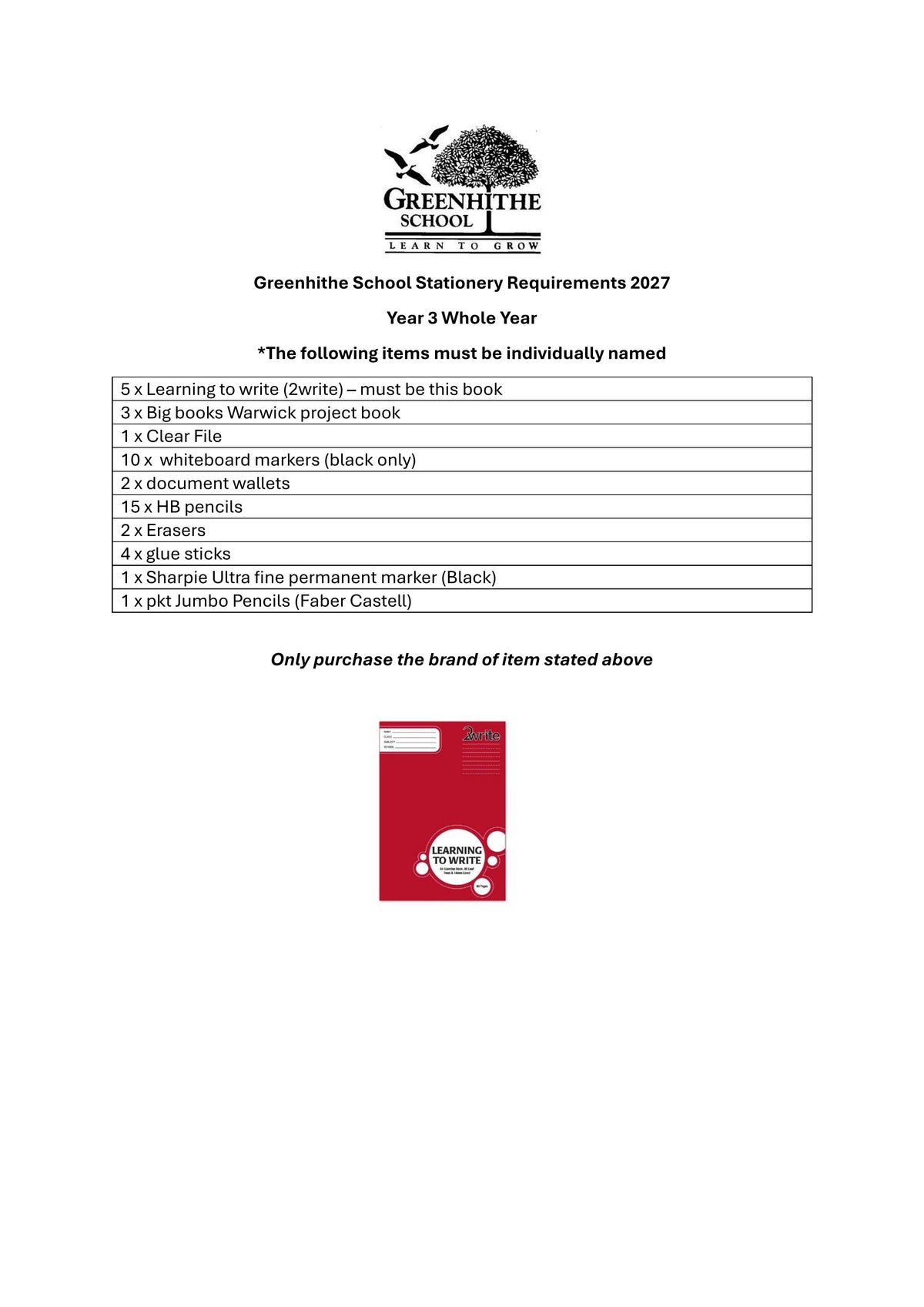 Greenhithe School Stationery List 2027 - Year 3