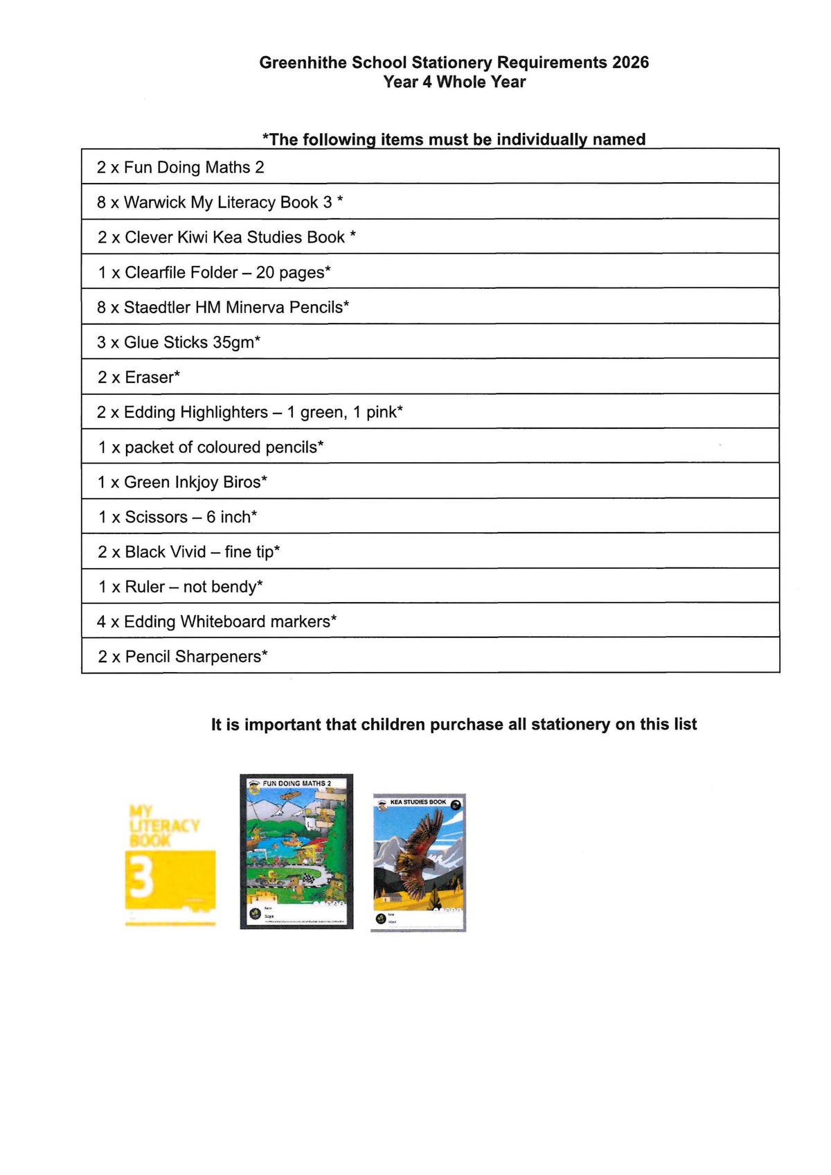 Greenhithe School Stationery List 2027 - Year 4