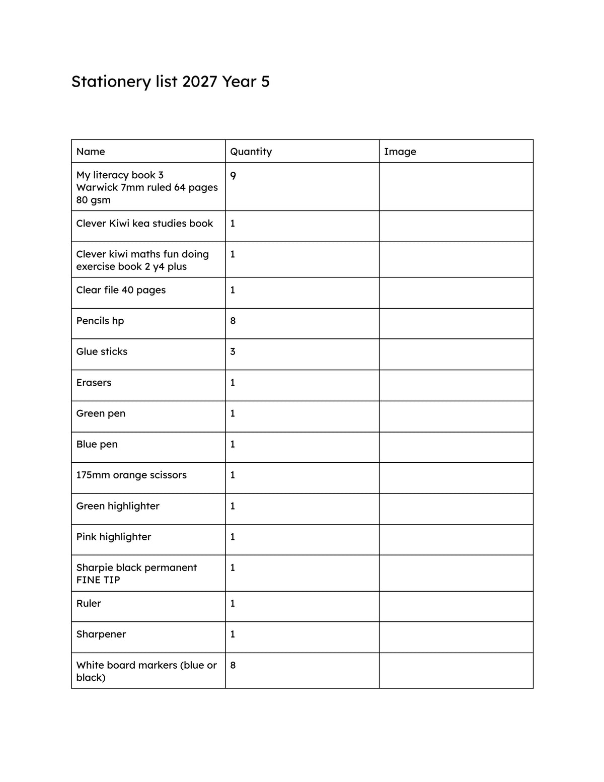 Greenhithe School Stationery List 2027 - Year 5