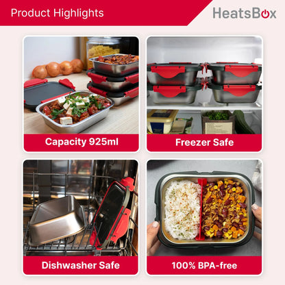 HeatsBox Inner Dish Set – 2 Reusable Stainless Steel Containers with Lids – Freezer & Oven Safe